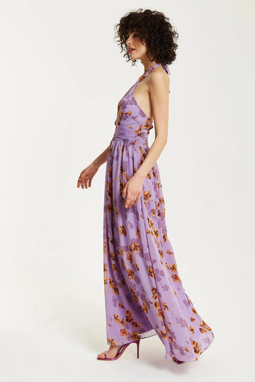 Purple Floral Halter Neck Dress Liquorish